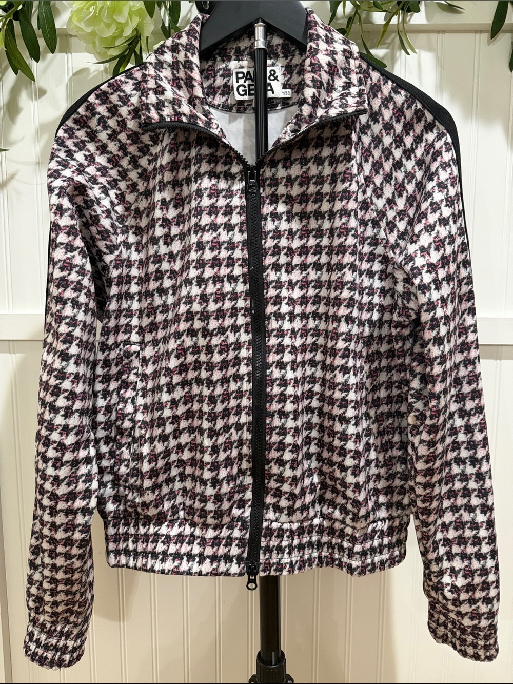 #1048 PAM & GELA Pink, B/W Houndstooth Zipper Track Jacket
